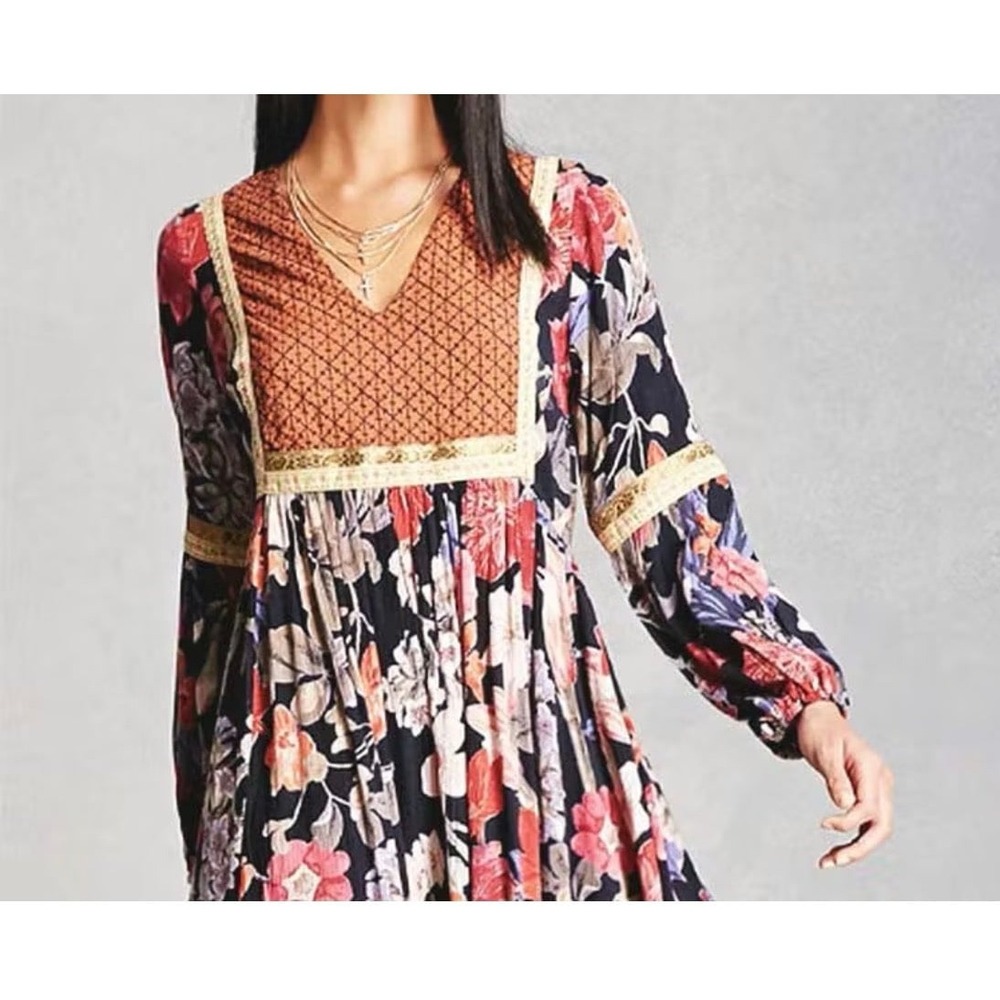 RD Koko Floral Tunic Blouse Pleated Button Embroidered V Neck Long Sleeve L